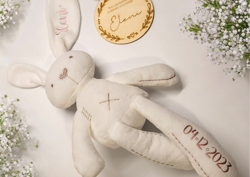 Personalisiertes Kuscheltier Hase Stofftier Kuscheltier Geschenk zur Geburt Taufe Baby-Party Schmusetier mit Namen Geburtsdatum Boy Girl Bild 4