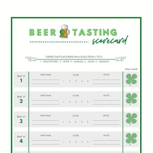 Pode incluir: Um cartão de pontuação de degustação de cerveja imprimível com um gráfico de trevo verde. O cartão de pontuação tem seis seções para classificar as cervejas em uma escala de 1 a 5. Cada seção inclui um espaço para o nome da cerveja, a pontuação e as notas.