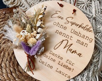 Geschenk Mama - Dankeschön Mama - Holzschild für Mama aus Trockenblumen - Geschenk zum Muttertag - Personalisiertes Holzschild - Beste Mama