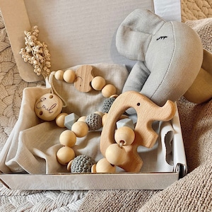 Zestaw upominkowy dla dziecka „Słoń” z imieniem, 3 sztuki, pudełko upominkowe, prezent na urodziny, zestaw dla dziecka, baby shower, chrzest, spersonalizowany