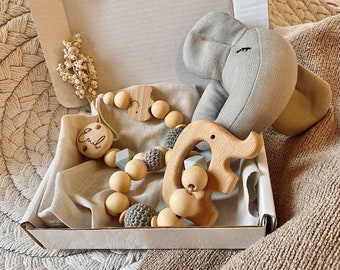 Geschenkset für Baby "Elefant" mit Namen, 3 teilig, Geschenkbox, Geschenk zur Geburt, Babyset, Babyparty, Taufe, personalisiert