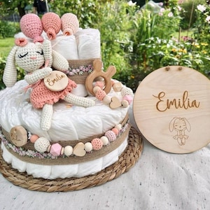 Windeltorte Waldtier Hase gehäkelt Babyshower Party Geschenk zur Geburt Baby Mädchen und Junge