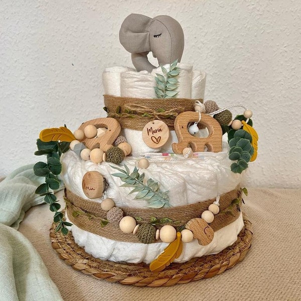 Windeltorte Elefant Safari Dschungel Babyshower Party Geschenk Geburt Baby Junge Mädchen