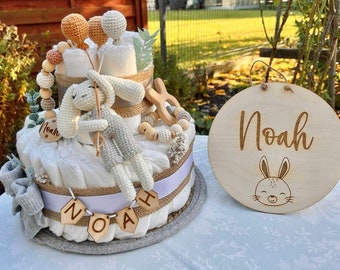 Windeltorte Waldtier Hase gehäkelt - Babyshower Party - Geschenk zur Geburt - Baby Junge oder Mädchen - Windeltorte schlicht & neutral