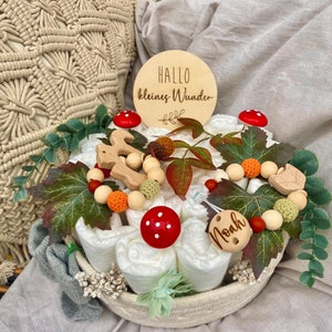 Windeltorte Wald Waldtiere Igel Fuchs Reh Forest Animal Babyshower Party Geschenk Geburt Baby Junge Mädchen