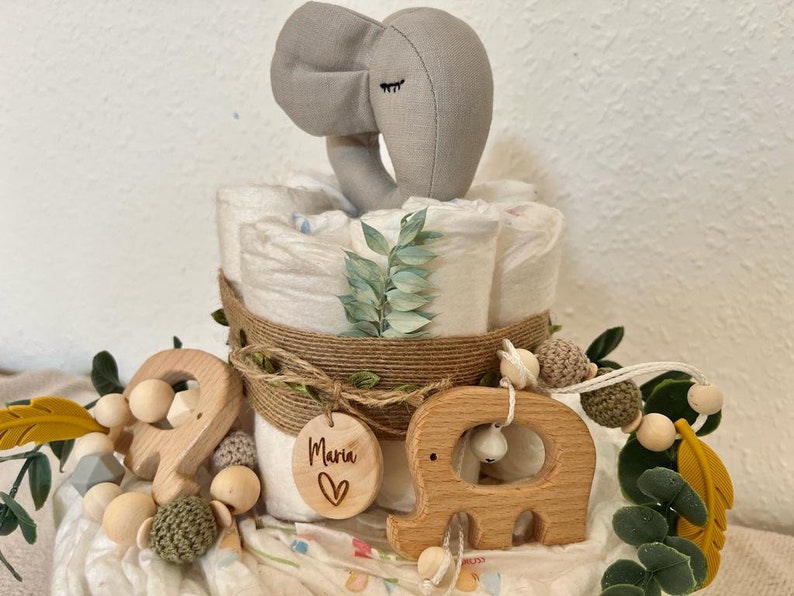 Windeltorte Elefant Safari Dschungel Babyshower Party Geschenk Geburt Baby Junge Mädchen Bild 2