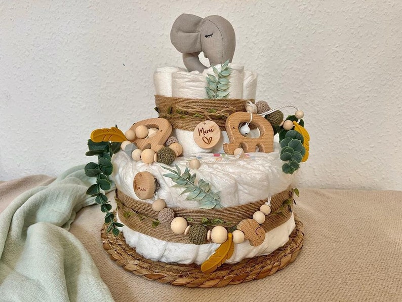 Windeltorte Elefant Safari Dschungel Babyshower Party Geschenk Geburt Baby Junge Mädchen Bild 1