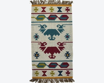 Handgjord Kelimmatta - Återvunnen ull - Boho Design! 75 x 135 cm