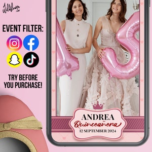 Quinceañera instagram filter, snapchat lenses, Mis Quince Anos tiktok effects, template for wedding, birthday, event, party - Customise