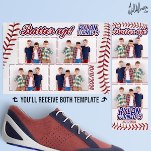 May include: A printable photo booth backdrop with a baseball theme. The backdrop features a red and white baseball stitch pattern, the text "Batter Up!" and the text "Rylan Turned 9" with the date 10/11/2024.