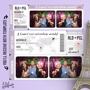 Flug Reise Fotostand Flugticket Vorlage Rahmen Thema Overlay 4x6 (4R) und 2x6 (Fotostreifen) - Anpassen von Namen und Details PSD PNG-Datei
