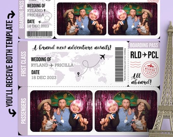 Flight Travel Photo booth Plane Ticket Template frame theme overlay 4x6 (4R) and 2x6 (Photo strip) - Customise name & detail PSD PNG file