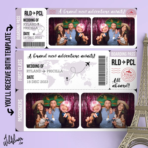 Flight Travel Photo booth Plane Ticket Template frame theme overlay 4x6 (4R) and 2x6 (Photo strip) - Customise name & detail PSD PNG file