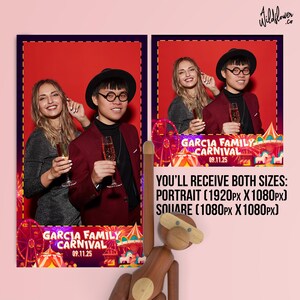 May include: Two photo booth images with a red background feature a man and woman holding champagne flutes. The text "GARCIA FAMILY CARNIVAL 09.11.25" is displayed. The image also states "YOU'LL RECEIVE BOTH SIZES: PORTRAIT (1920px X 1080px) SQUARE (1080px X 1080px)".