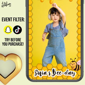 May include: A phone case with a yellow honeycomb design and a photo of a child wearing headphones and denim overalls. The text "Sofia's Bee-day" is displayed, along with a cartoon bee. The case also features the text "Event Filter:" and social media icons.