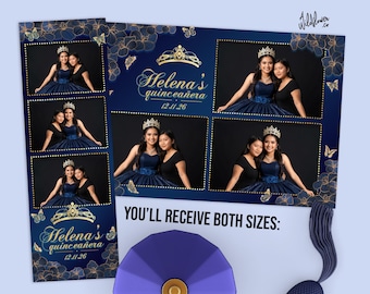 Plantilla para fotomatón de quinceañera con flores azules y doradas, superposición para fiesta de cumpleaños, 4x6 (4R) 2x6 (tira de fotos) - Personalizar nombres, detalles PSD PNG