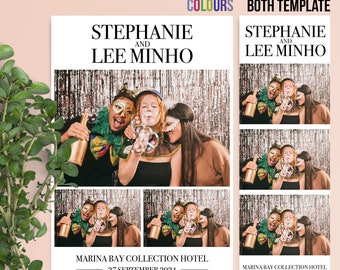 May include: A photo booth template with a white background and black text. The text reads "Stephanie and Lee Minho" and "Marina Bay Collection Hotel, 27 September 2024, #StephMinHoweds". The template has six photo slots, each showing a different photo of a couple.