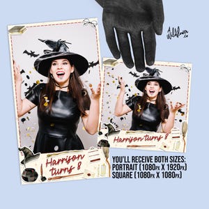 May include: Two photo prints featuring a person dressed as a witch, with the text "Harrison turns 8". The prints are surrounded by decorative elements and the Wildflower.co logo. The text "YOU'LL RECEIVE BOTH SIZES" is also visible.