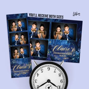 Może przedstawiać: Paski z fotobudki i większy wydruk z napisem "Claire's Enchanted Party 15.11.26" złotym skryptem. Paski z fotobudki przedstawiają parę dmuchającą brokat. Z przodu znajduje się zegar.