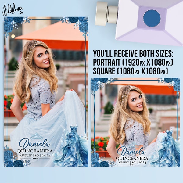 360 Photo booth template Quinceañera instagram birthday tiktok video filter blue dress Overlay quince años spin Square Portrait PSD PNG file