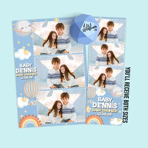 Mall för fotoautomat med blå himmel, tema för födelsedagar, babyshower, fester, 4x6 (4R) och 2x6 (fotoremsa) - Anpassa detaljer, PSD och PNG