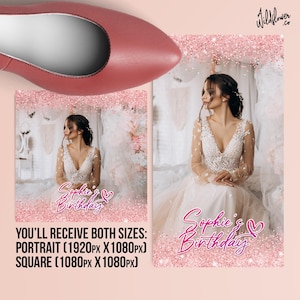 May include: A digital printable birthday photo booth backdrop with a pink glitter background and the text "Sophie's Birthday" in pink and white lettering. The backdrop is designed for a portrait or square photo.