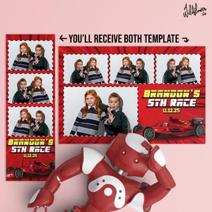Red F1 race car Photo booth Template frame overlay 4x6 (4R) and 2x6 (Photo strip) - Customise name & detail PSD and PNG file.