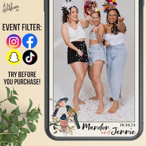 Instagram-filter vogels, snapchat-lenzen verjaardag, tiktok-effecten, sjabloon voor bruiloft, verjaardag, evenement: pas namen en details aan