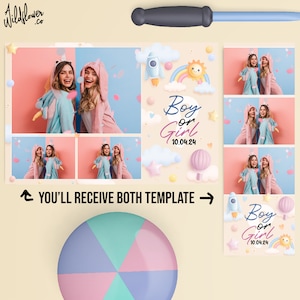 Gender reveal Photo booth Template Baby shower overlay Birthday 4x6 (4R), 2x6 (Photo strip) - Customise names & details. PSD, PNG file
