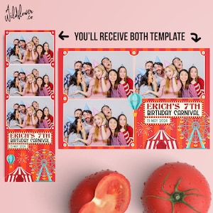 May include: A red and white photo booth template with a carnival theme. The template includes a large banner with the text "ERICH'S 7TH BIRTHDAY CARNIVAL" and the date "13 MAY 2024". The template also includes a red and white striped background, a red and white striped tent, a Ferris wheel, and a hot air balloon.