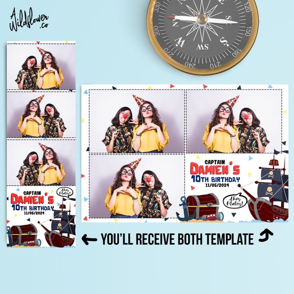 Pirate Ship Photo booth Sea Treasure Map Nautical Template frame 4x6 (4R) and 2x6 (Photo strip) - Customise name & detail PSD and PNG file