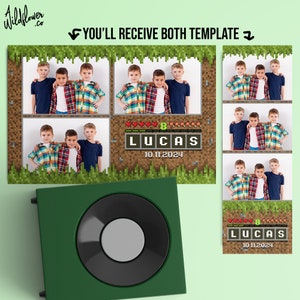 Minecrafter Photo booth template Kids birthday gaming overlay 4x6 (4R) and 2x6 (Photo strip) - Customise names & details PSD PNG file