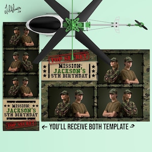 Könnte beinhalten: Ein grüner und schwarzer Tarnfoto-Hintergrund mit einem braunen Banner, auf dem "Top Secret Mission: Jackson's 5th Birthday" steht.