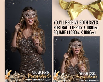 Masquerade 360 Photo booth template, Gold confetti photobooth overlay, Birthday Square and Portrait - Customise names & details PSD PNG file