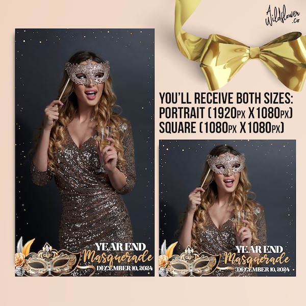 Masquerade 360 Photo booth template, Gold confetti photobooth overlay, Birthday Square and Portrait - Customise names & details PSD PNG file