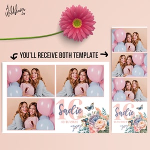 Birthday quinceanera Photo booth flowers sweet 16 floral Template overlay 4x6 (4R) 2x6 (Photo strip) - Customise name & detail PSD PNG file