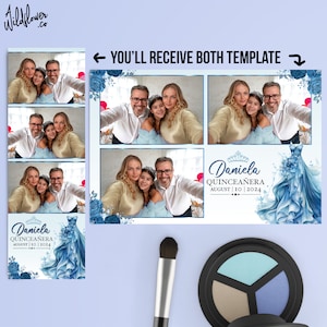 Photo booth Template Quinceañera overlay Blue floral shell birthday booth 4x6 (4R) 2x6 (Photo strip) - Customise name & detail PSD PNG file