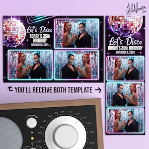May include: A digital template for a disco-themed birthday party. The design features a disco ball, neon frames, and the text "Let's Disco, Borah's 25th Birthday, November 8, 2024." The image includes photos of two women holding champagne flutes.