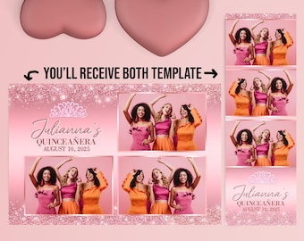 Plantilla de fotomatón rosa brillante, superposición de rosas para bodas y fiestas de cumpleaños, 4x6 (4R) 2x6 (tira de fotos) - Personaliza nombres y detalles PSD PNG