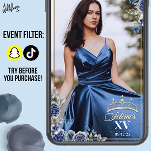 May include: A navy blue satin dress with a V-neck and spaghetti straps. The image is framed with floral and butterfly accents. Text on the frame reads "Selena's XV 09/12/25". The top left corner has the text "Wildflower .co" and the words "EVENT FILTER:" with Snapchat and TikTok icons.