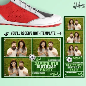 May include: A green and white photo booth backdrop with a soccer ball and the text "Game Time!" and "Goal!"  The backdrop is designed for a birthday party with the text "David's 8th Birthday Party" and "@National Stadium".