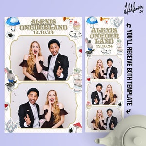 Modello di cabina fotografica del Paese delle Meraviglie, sovrapposizione del compleanno di Alice, festa di matrimonio 4x6 (4R) 2x6 (striscia fotografica) - Personalizza nomi e dettagli file PSD PNG