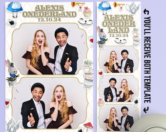 不思議の国のアリスのフォトブーステンプレート、アリスの誕生日オーバーレイ、ウェディングパーティー4x6（4R）2x6（フォトストリップ）-名前と詳細をカスタマイズするPSD PNGファイル