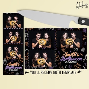 Può includere: Un modello di cabina fotografica in bianco e nero a tema Halloween. Il modello ha uno sfondo nero con accenti bianchi e arancioni. Il modello ha uno spazio per una foto e uno spazio per il testo. Il testo dice "Smith's Halloween 10-30-2025".