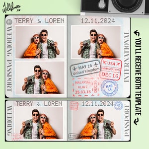 May include: A wedding passport photo booth template with a passport design and the text "TERRY & LOREN" and "WEDDING PASSPORT" on the front. The template includes space for four photos and has a variety of stamps with dates and locations, such as "MAY 16 United Kingdom" and "DEC 16 USA IMMIGRATION".