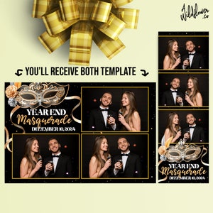 Maskerade-Fotoautomaten-Vorlage, Gold-Geburtstags-Overlay, Hochzeitsfeier 4x6 (4R) 2x6 (Fotostreifen) – Namen und Details anpassen PSD PNG-Datei