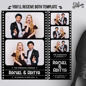 Puede incluir: Una plantilla de cabina de fotos en blanco y negro con un diseño de tira de película. La plantilla presenta los nombres de una pareja, "Rachel & Aditya", y el texto "The Wedding Starring" y "In Cinemas 12 April 2024".