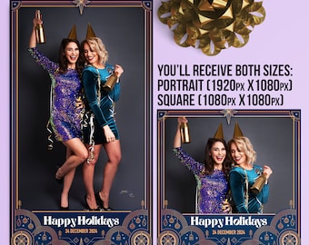 Christmas Overlay 360 Photo Booth, Birthday 360 Booth Overlay, 360 Video Booth template, Bridal shower Blue gold Portrait and Square