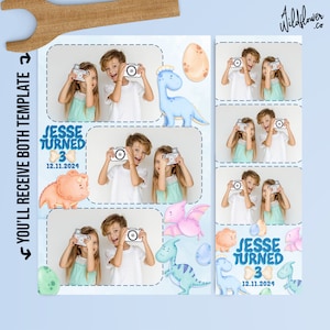 Könnte beinhalten: Ein blauer und weißer Fotobooth-Hintergrund mit Dinosaurier-Motiv. Der Hintergrund hat einen Fotostreifen mit 6 Fotoslots und einen Titel, der "Jesse wurde 3" mit dem Datum "12.11.2024" lautet.