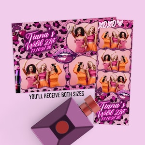 May include: A purple perfume bottle with a red circle on the front is positioned below two party photo booth templates. The templates feature photos of women in pink and orange outfits, with text that reads "Tiana's Wild 21st 11/09/26" and "You'll receive both sizes."